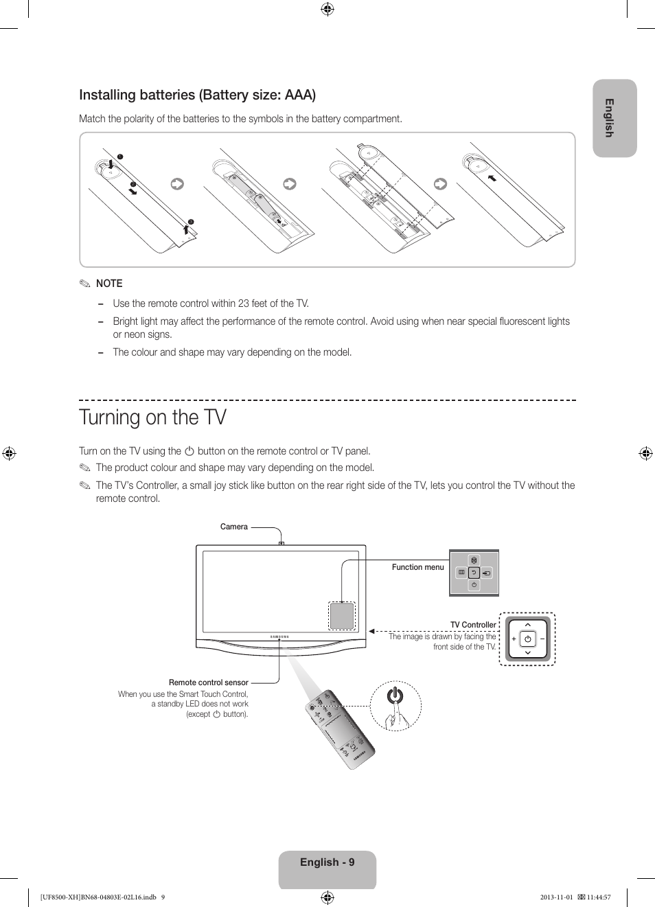 Turning on the tv, Installing batteries (battery size: aaa) | Samsung UE46F8500SL User Manual | Page 9 / 385