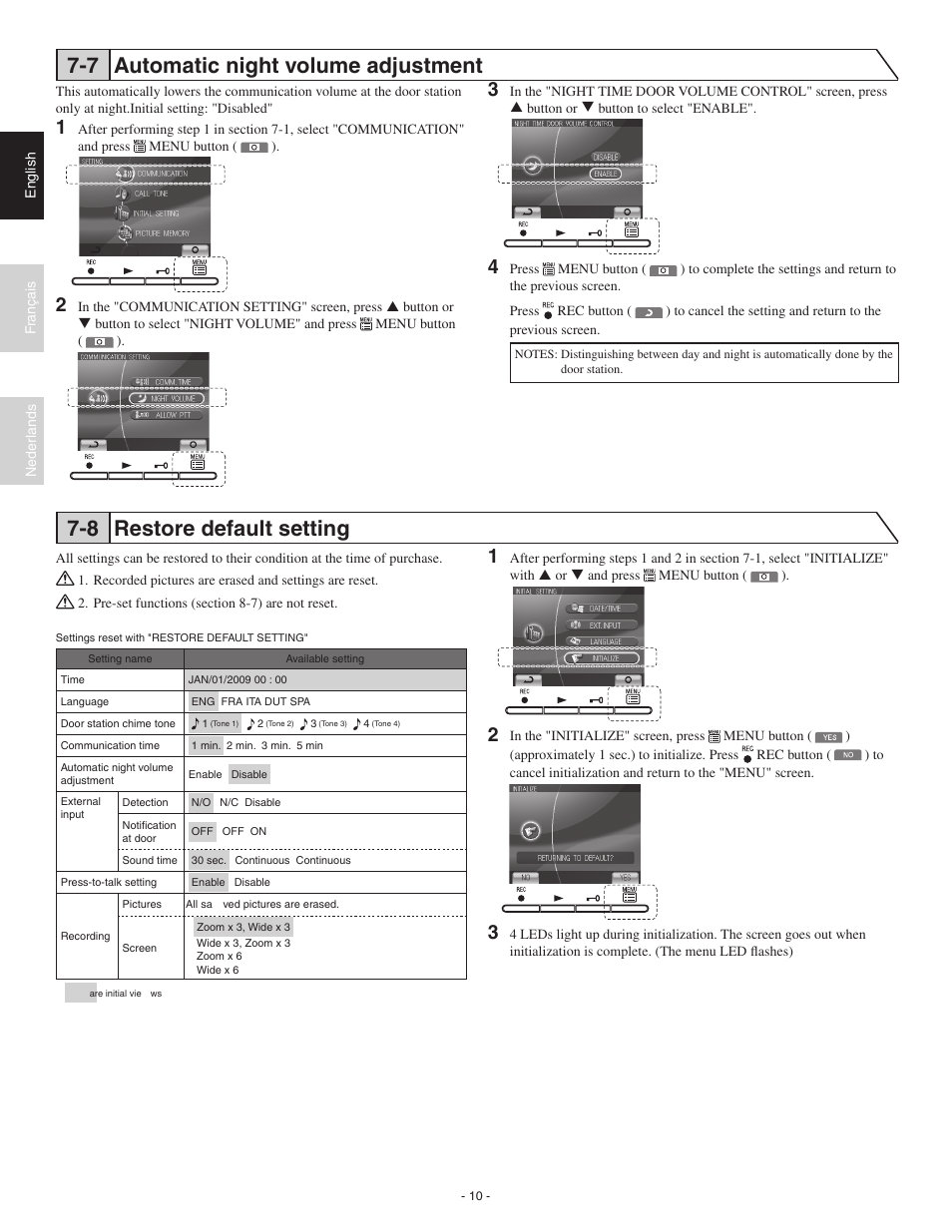 7 automatic night volume adjustment, 8 restore default setting | Aiphone JK-1MED User Manual | Page 10 / 17