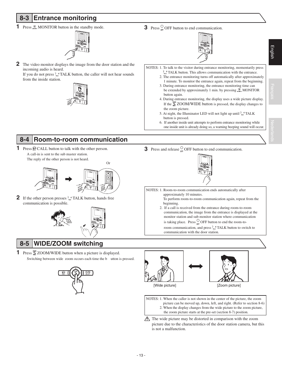3 entrance monitoring, 4 room-to-room communication, 5 wide/zoom switching | Aiphone JK-1MED User Manual | Page 13 / 17