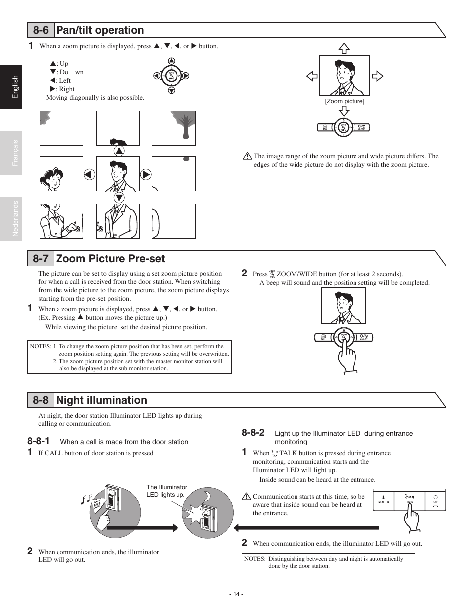 6 pan/tilt operation, 7 zoom picture pre-set, 8 night illumination | Aiphone JK-1MED User Manual | Page 14 / 17