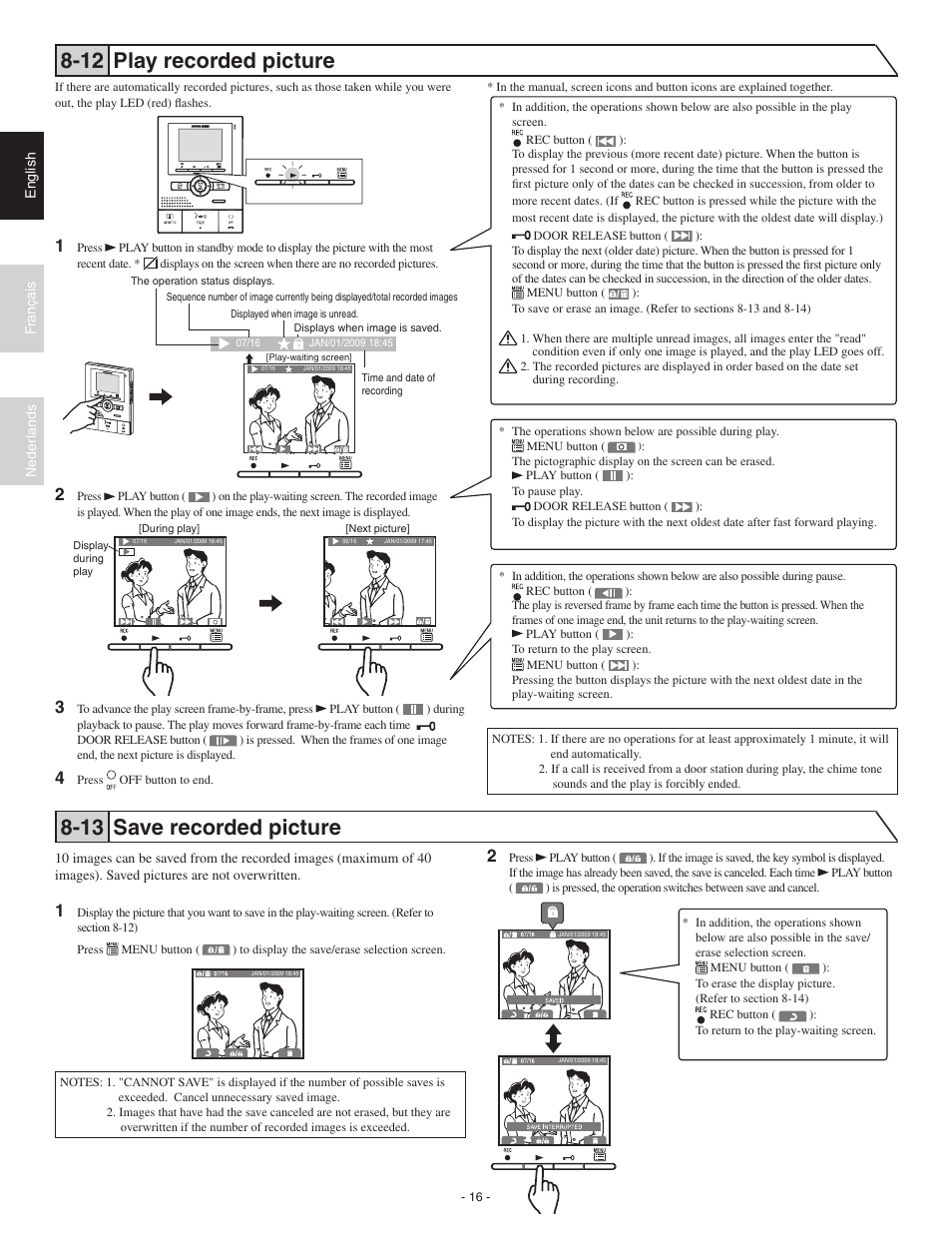 12 play recorded picture, 13 save recorded picture | Aiphone JK-1MED User Manual | Page 16 / 17