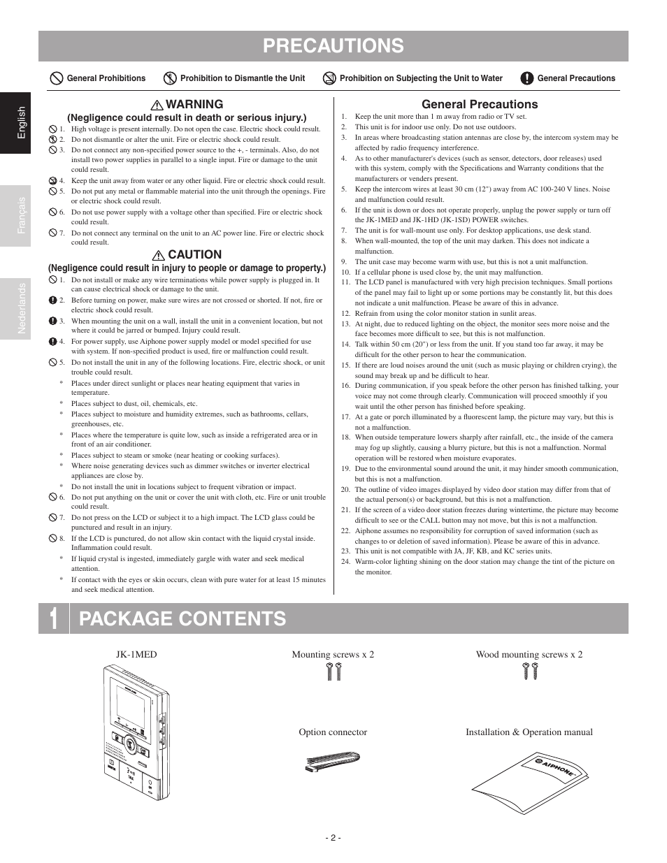 Precautions, Package contents, Warning | Caution, General precautions | Aiphone JK-1MED User Manual | Page 2 / 17