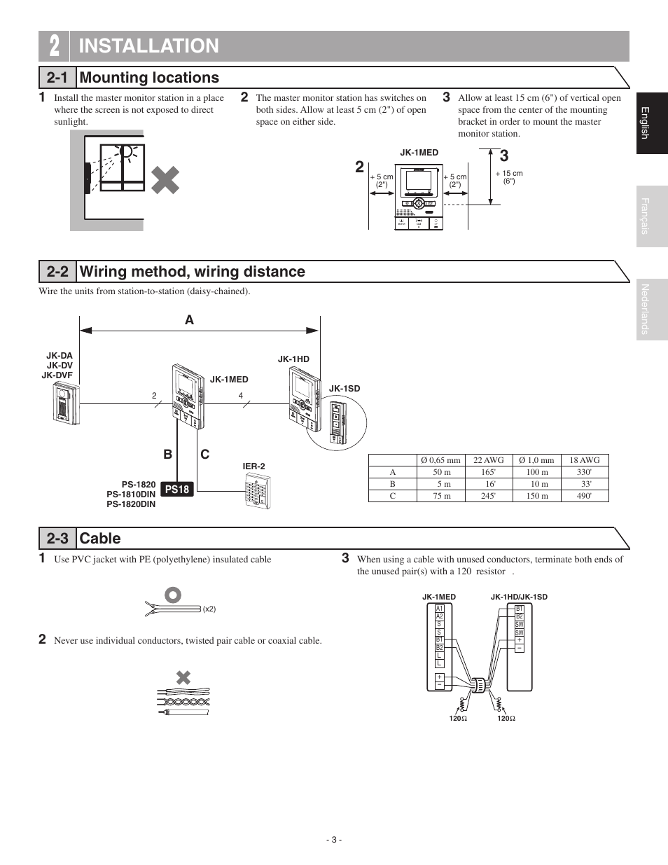 Installation, 1 mounting locations, 2 wiring method, wiring distance | 3 cable, Ab c | Aiphone JK-1MED User Manual | Page 3 / 17