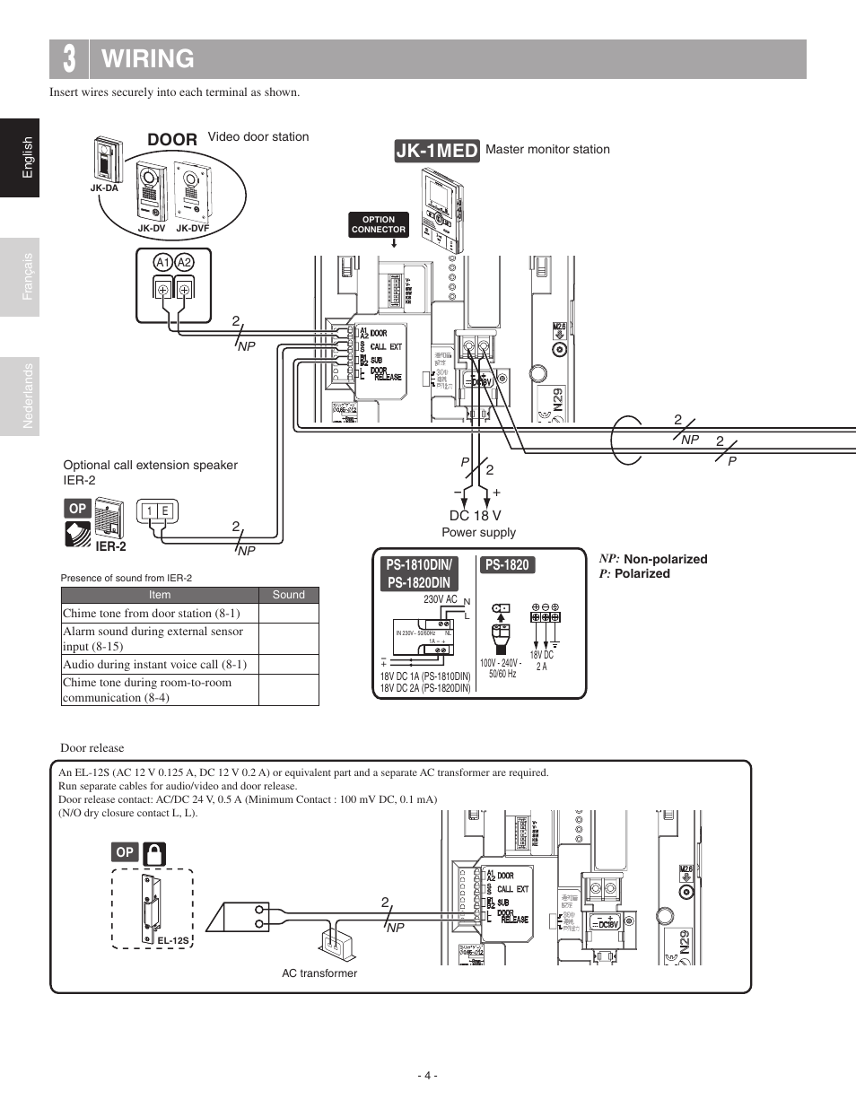 Wiring, Jk-1hd, Jk-1med | Jk-1sd, Ab c, Door | Aiphone JK-1MED User Manual | Page 4 / 17