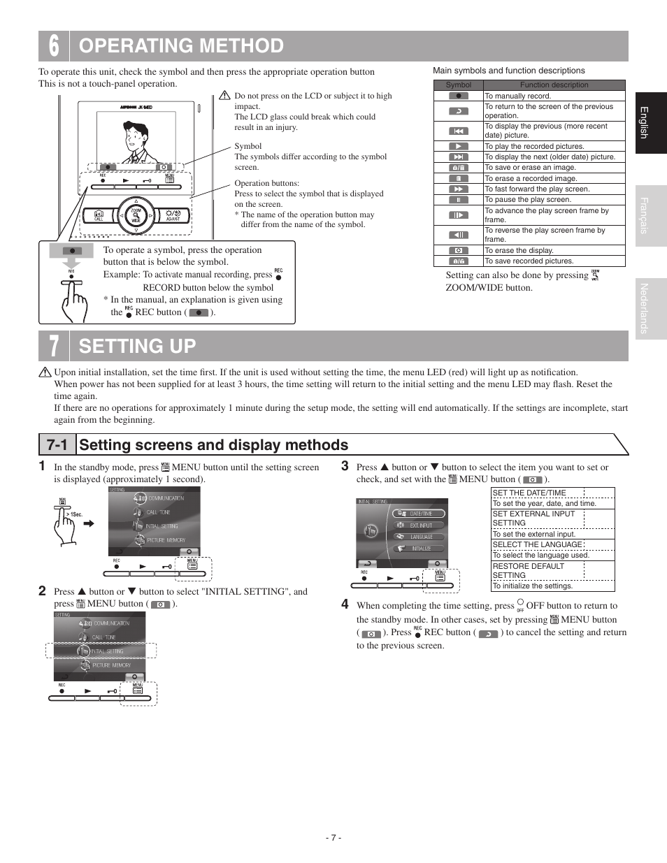 Operating method, Setting up, 1 setting screens and display methods | Aiphone JK-1MED User Manual | Page 7 / 17