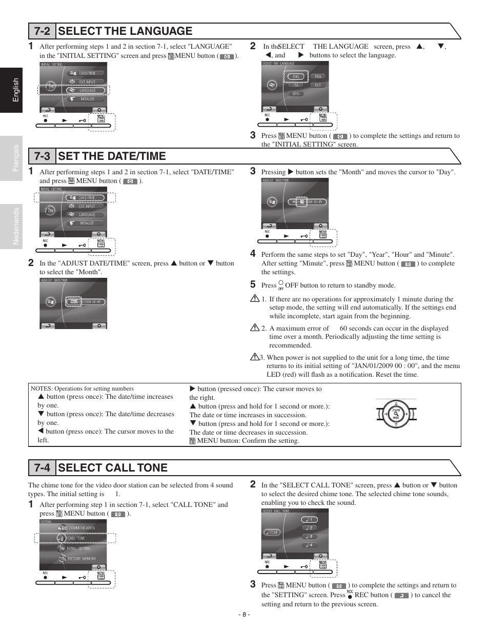 3 set the date/time, 2 select the language 7-4 select call tone | Aiphone JK-1MED User Manual | Page 8 / 17