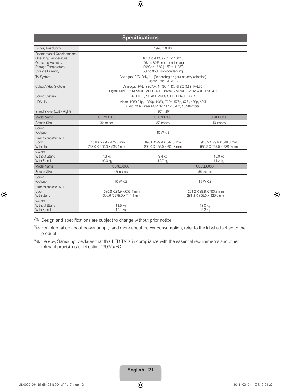 Specifications | Samsung UE40D6000TW User Manual | Page 21 / 344