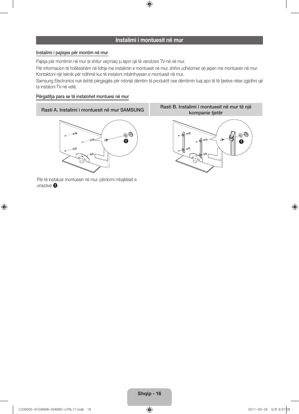 Instalimi i montuesit në mur | Samsung UE40D6000TW User Manual | Page 218 / 344