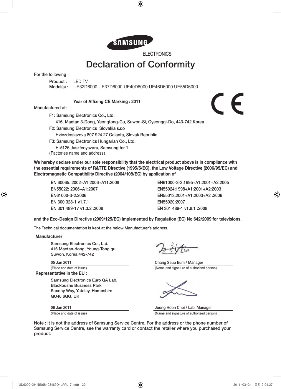 Declaration of conformity, Electronics | Samsung UE40D6000TW User Manual | Page 22 / 344