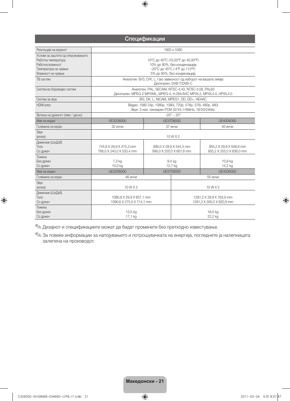 Спецификации | Samsung UE40D6000TW User Manual | Page 243 / 344