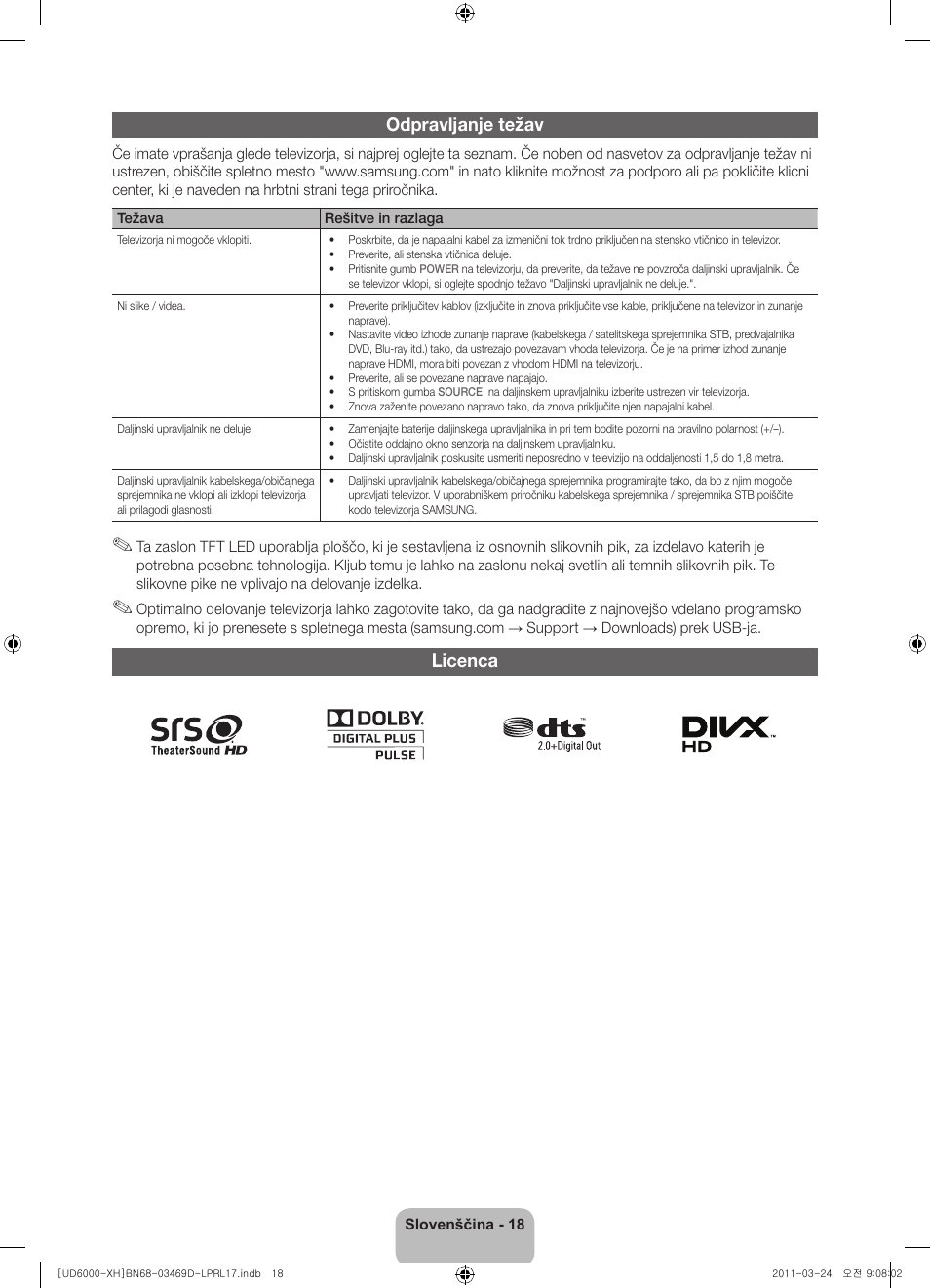 Odpravljanje težav, Licenca | Samsung UE40D6000TW User Manual | Page 260 / 344