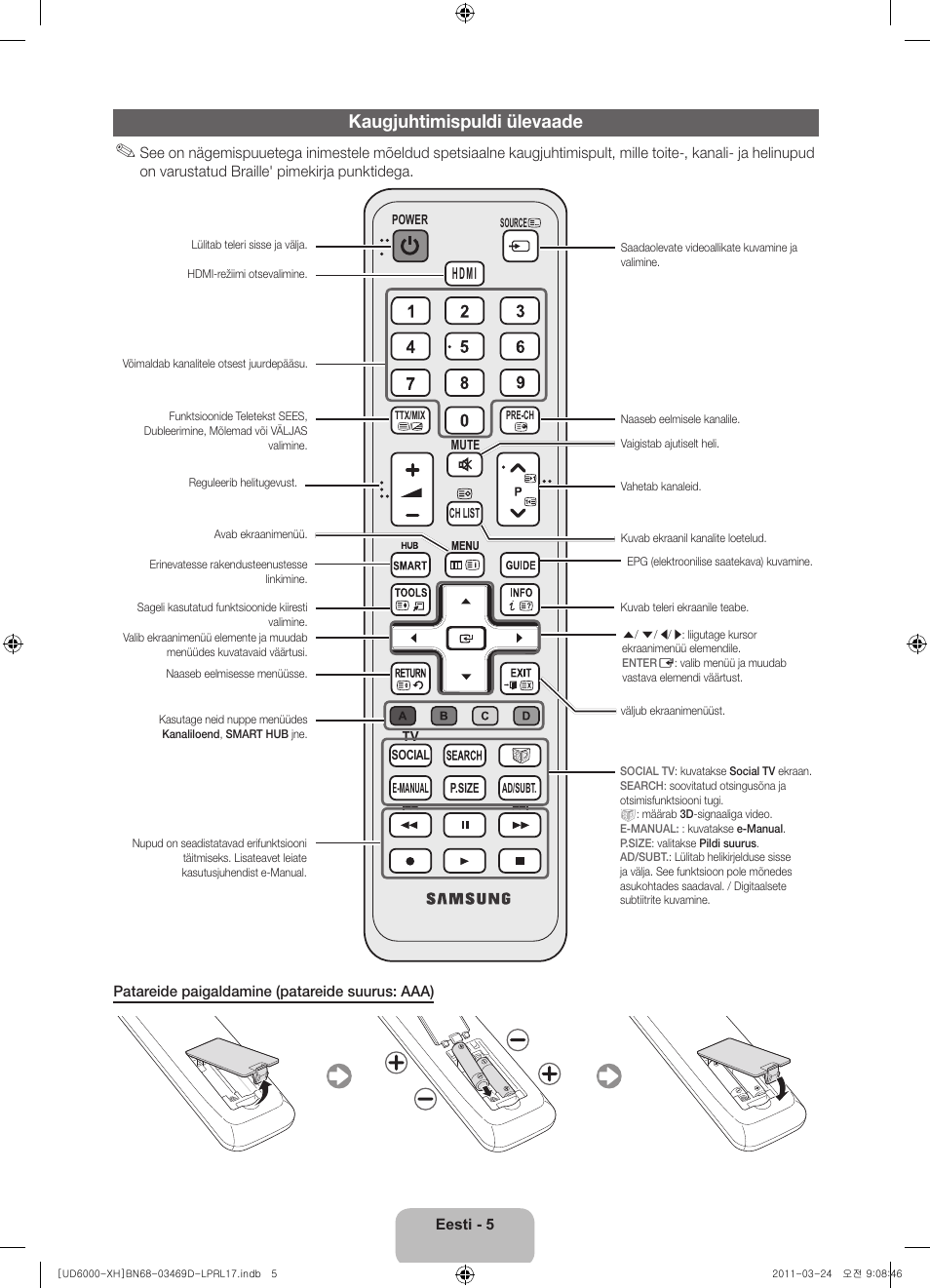 Kaugjuhtimispuldi ülevaade | Samsung UE40D6000TW User Manual | Page 307 / 344