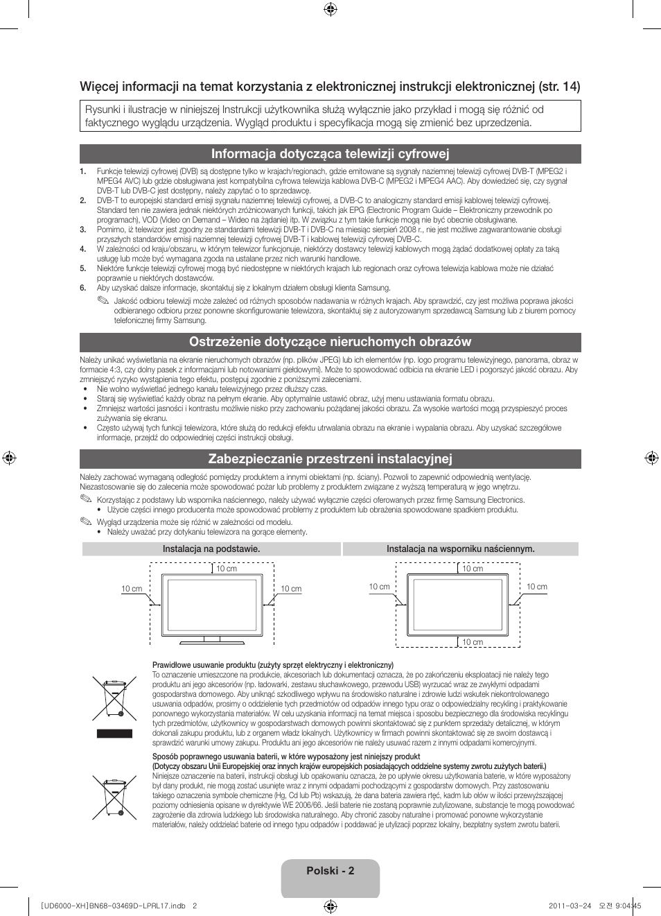 Informacja dotycząca telewizji cyfrowej, Ostrzeżenie dotyczące nieruchomych obrazów, Zabezpieczanie przestrzeni instalacyjnej | Samsung UE40D6000TW User Manual | Page 44 / 344
