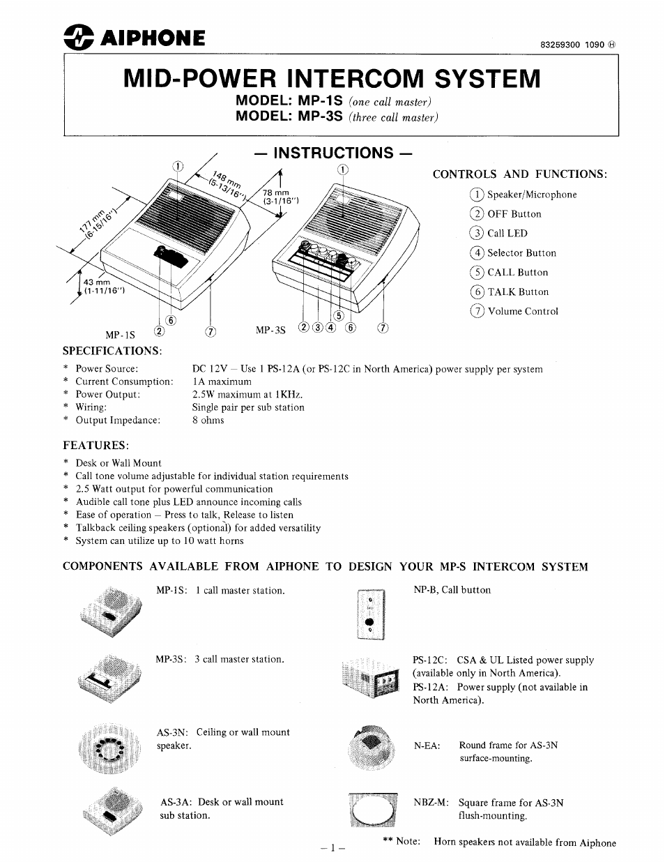 Aiphone MID-POWER MP-3S User Manual | 4 pages