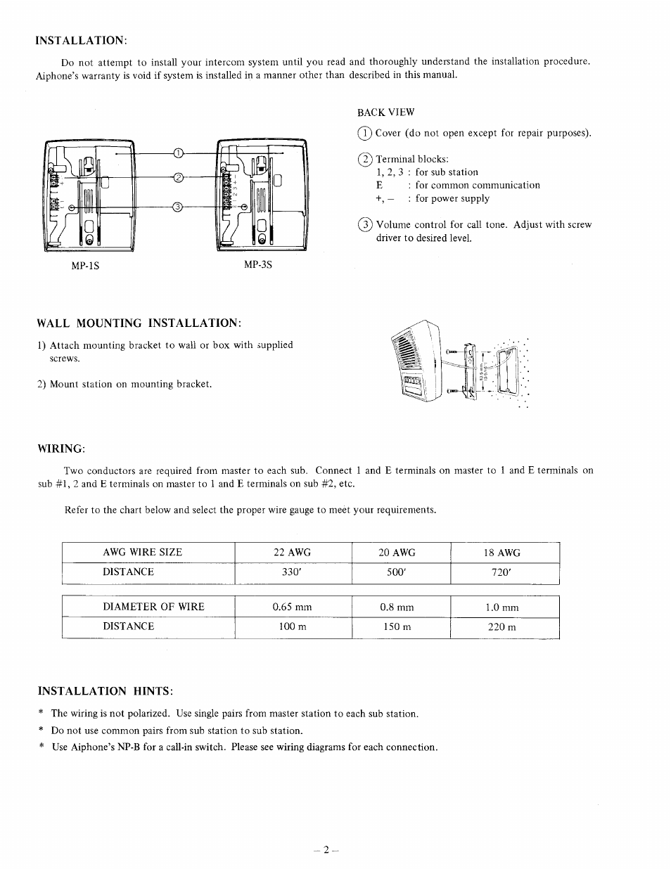 Installation, Wall mounting installation, Wiring | Installation hints | Aiphone MID-POWER MP-3S User Manual | Page 2 / 4