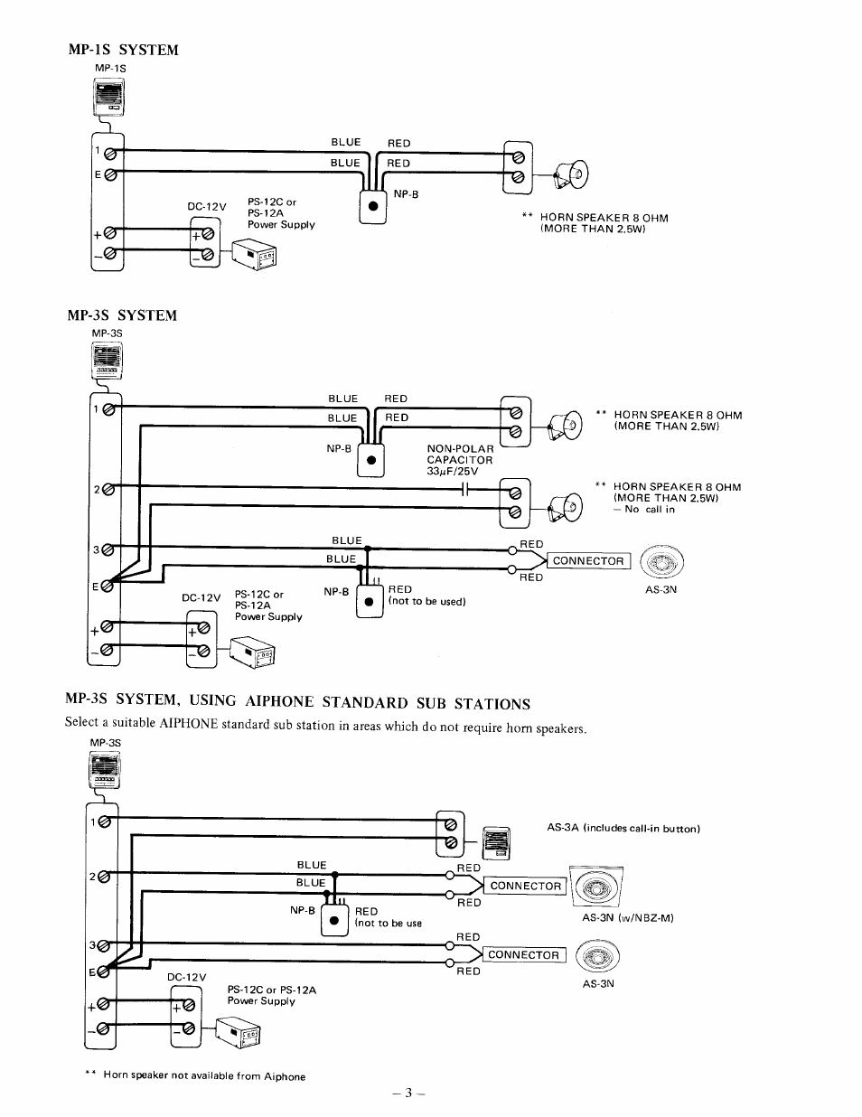 Mp-is system, Mp-3s system, Mp-3s system, using aiphone standard sub stations | Aiphone MID-POWER MP-3S User Manual | Page 3 / 4