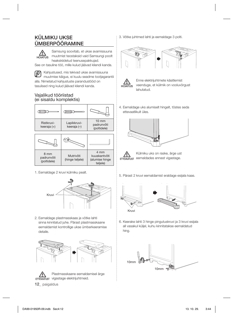 Külmiku ukse ümberpööramine, Vajalikud tööriistad (ei sisaldu komplektis) | Samsung RR82PHIS User Manual | Page 144 / 200