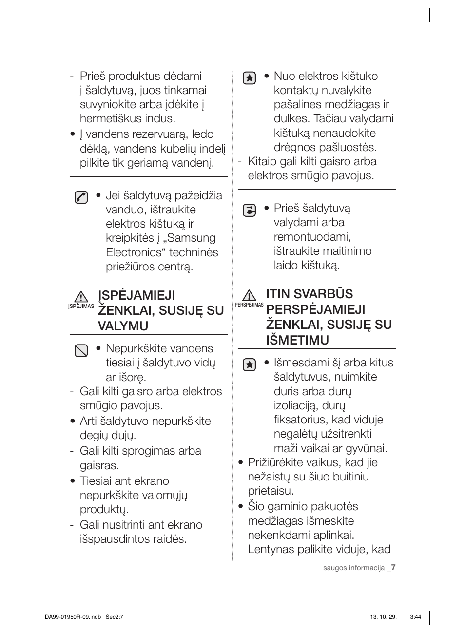 Įspėjamieji ženklai, susiję su valymu | Samsung RR82PHIS User Manual | Page 161 / 200