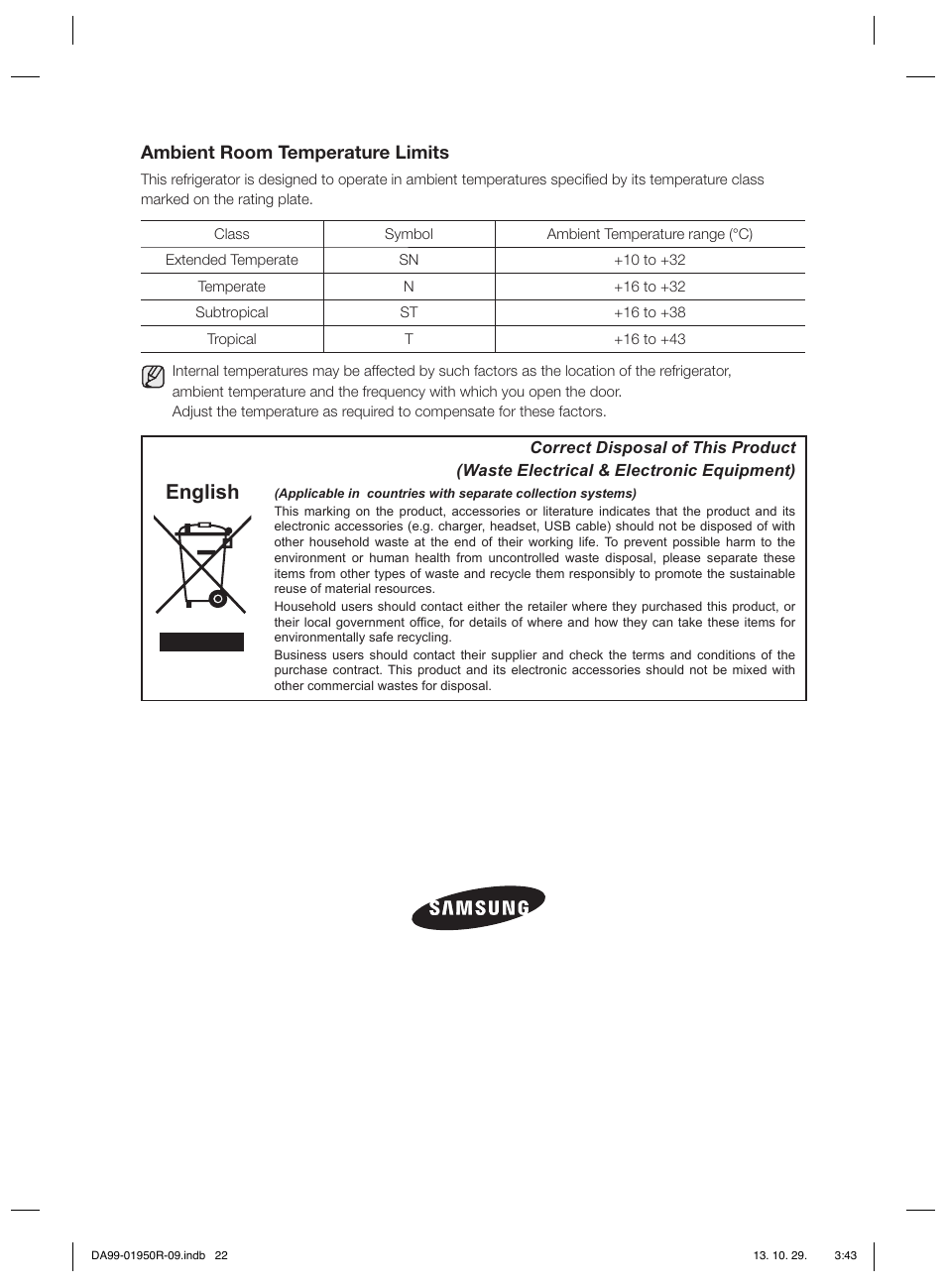 English, Ambient room temperature limits | Samsung RR82PHIS User Manual | Page 22 / 200