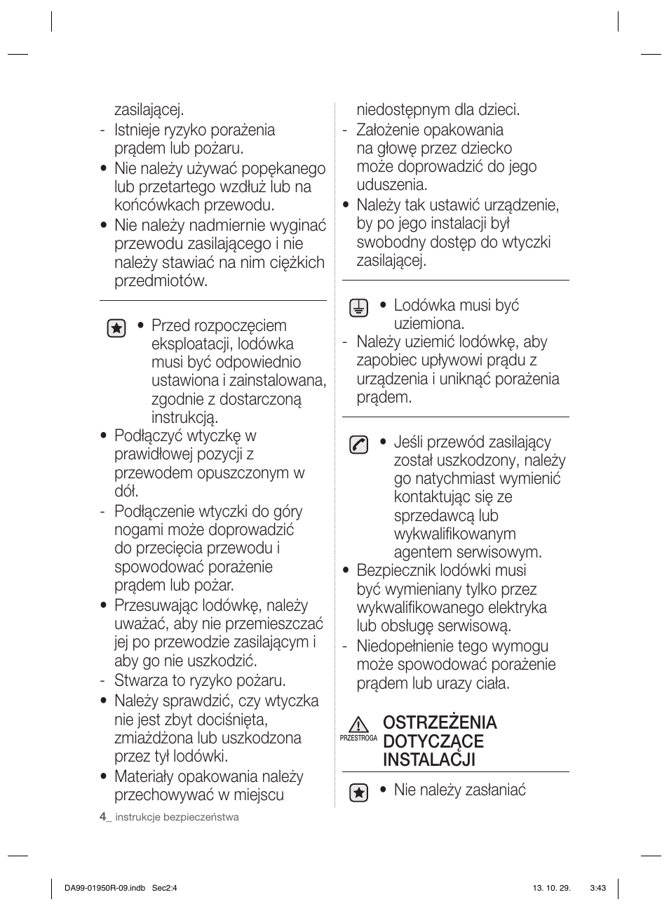 Ostrzeżenia dotyczące instalacji | Samsung RR82PHIS User Manual | Page 26 / 200