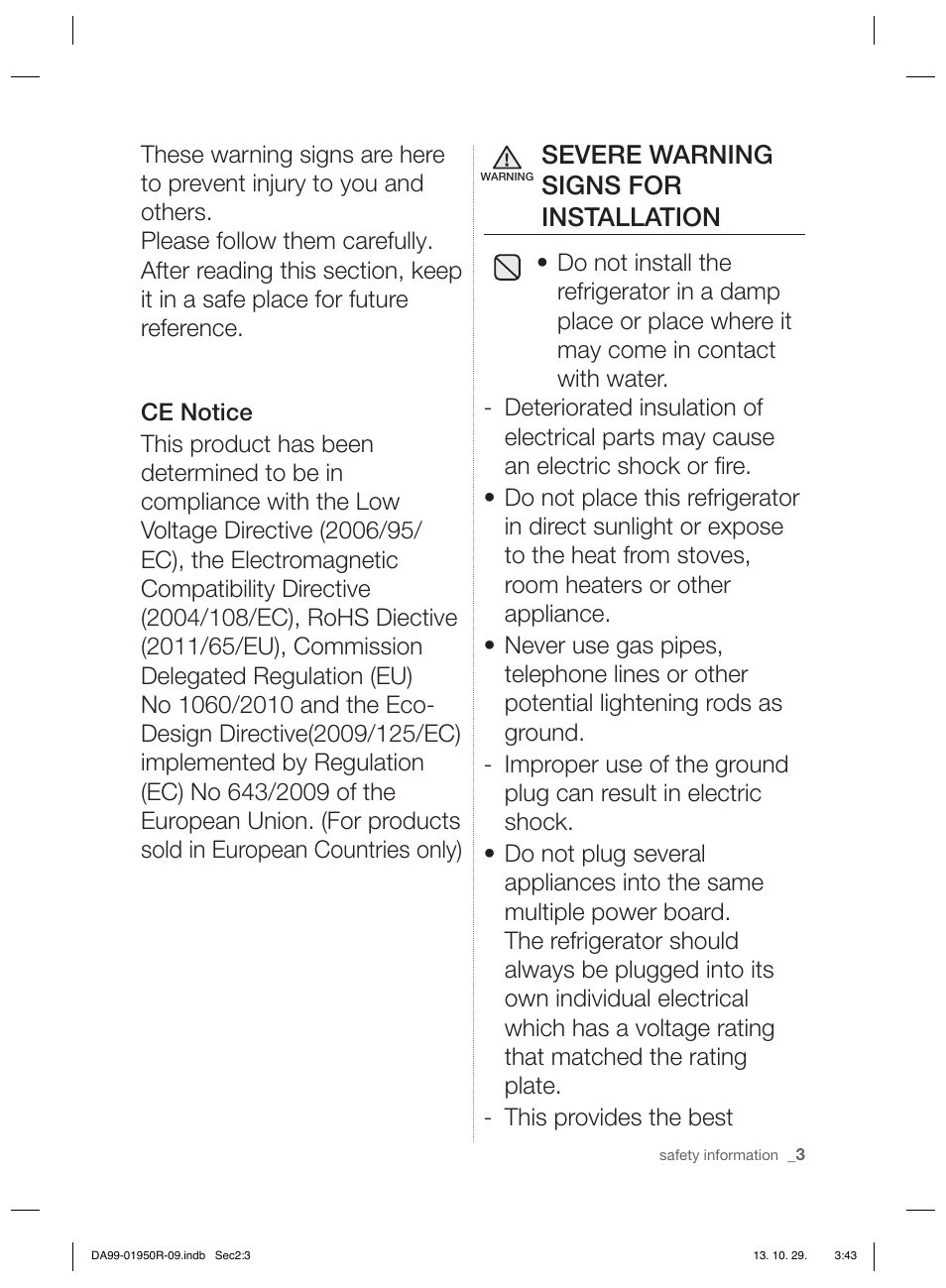 Severe warning signs for installation | Samsung RR82PHIS User Manual | Page 3 / 200