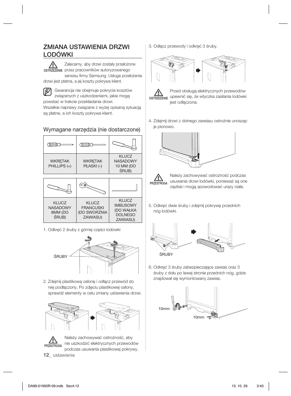 Zmiana ustawienia drzwi lodówki, Wymagane narzędzia (nie dostarczone) | Samsung RR82PHIS User Manual | Page 34 / 200