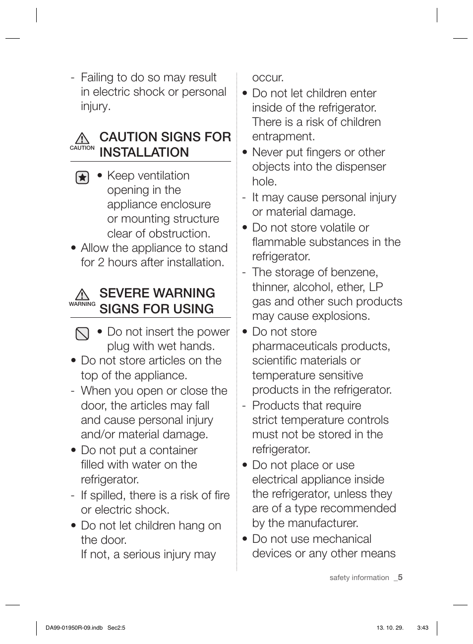 Caution signs for installation, Severe warning signs for using | Samsung RR82PHIS User Manual | Page 5 / 200