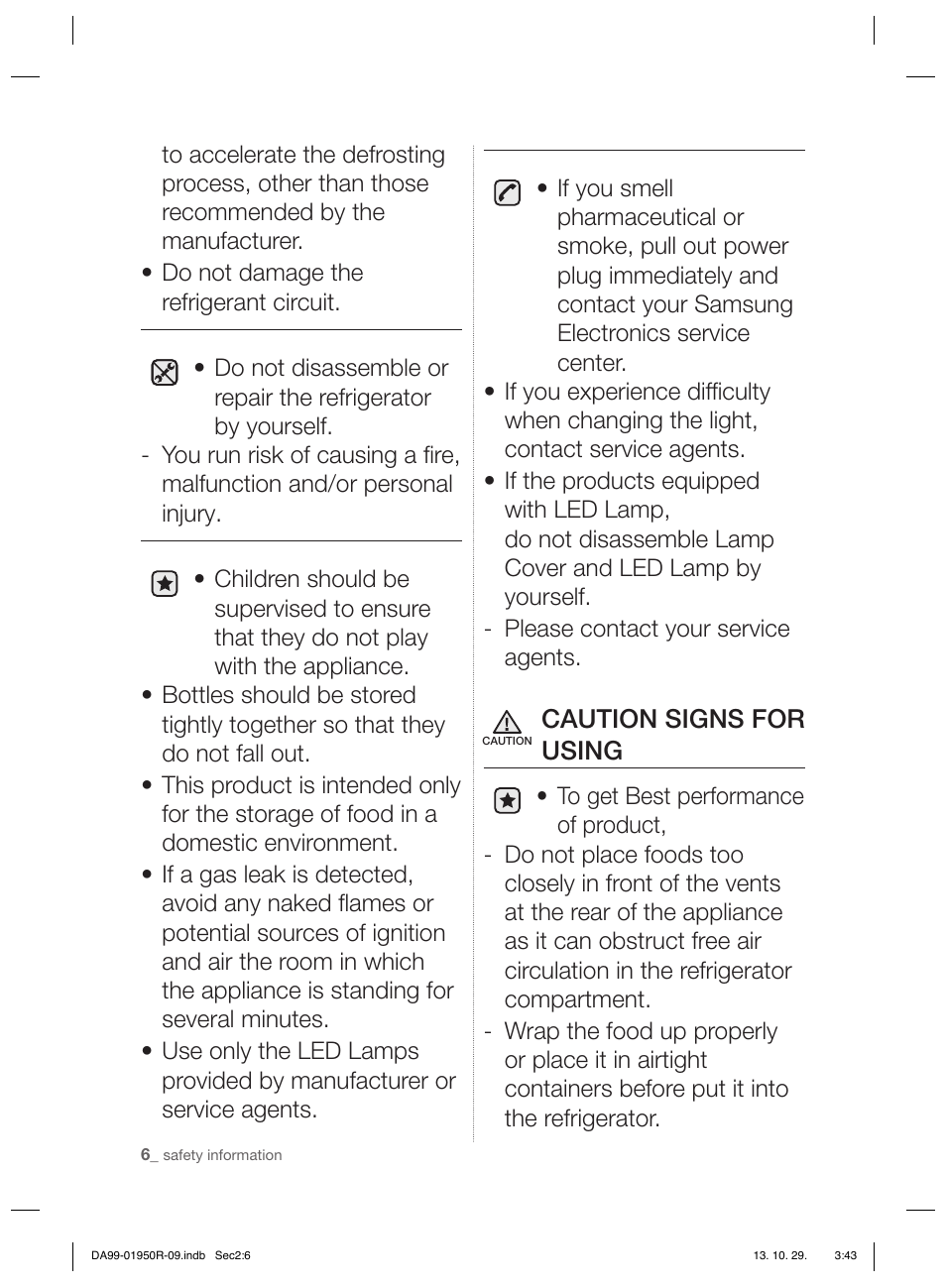 Caution signs for using | Samsung RR82PHIS User Manual | Page 6 / 200