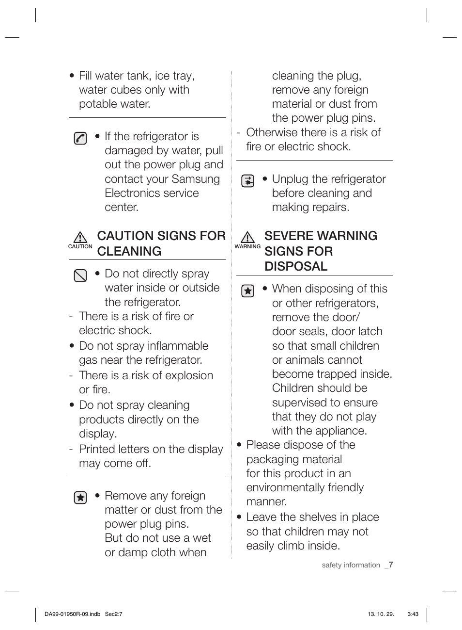 Caution signs for cleaning, Severe warning signs for disposal | Samsung RR82PHIS User Manual | Page 7 / 200