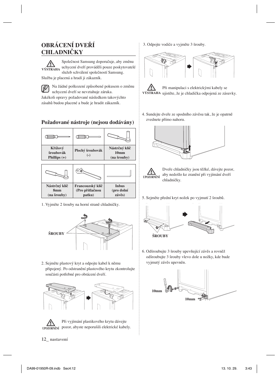 Obrácení dveří chladničky, Požadované nástroje (nejsou dodávány) | Samsung RR82PHIS User Manual | Page 78 / 200