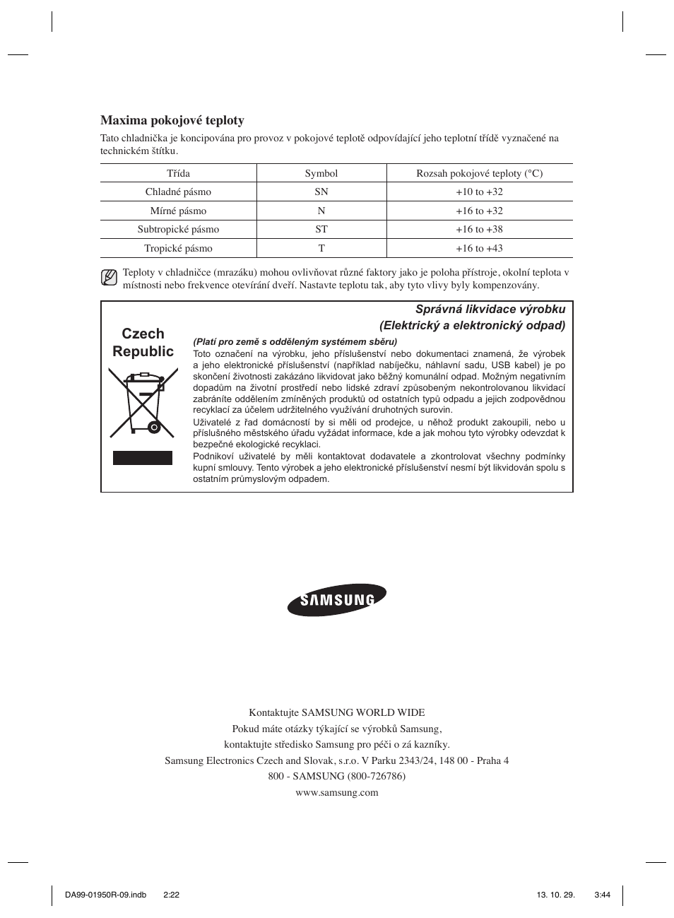 Czech republic, Maxima pokojové teploty | Samsung RR82PHIS User Manual | Page 88 / 200