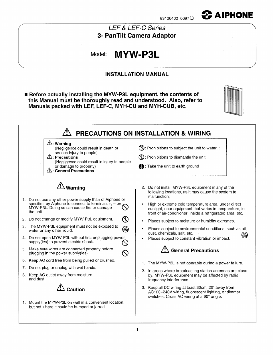 Aiphone LEF MYW-P3L User Manual | 8 pages