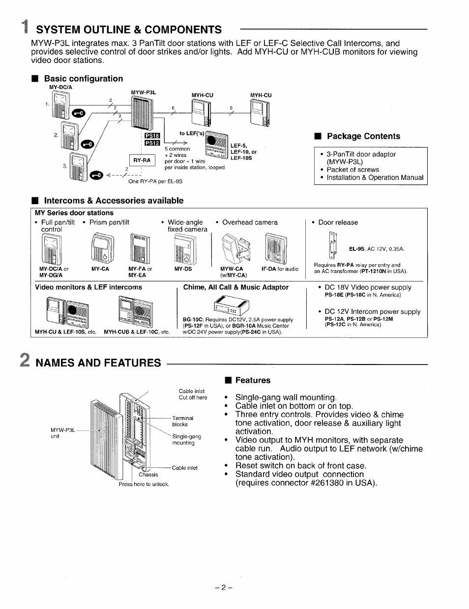 Package contents, Intercoms & accessories available, Features | System outline & components, Names and features | Aiphone LEF MYW-P3L User Manual | Page 2 / 8