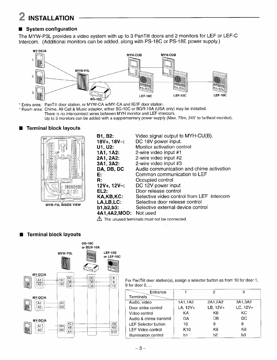 System configuration, Terminal block layouts, Installation | Aiphone LEF MYW-P3L User Manual | Page 3 / 8