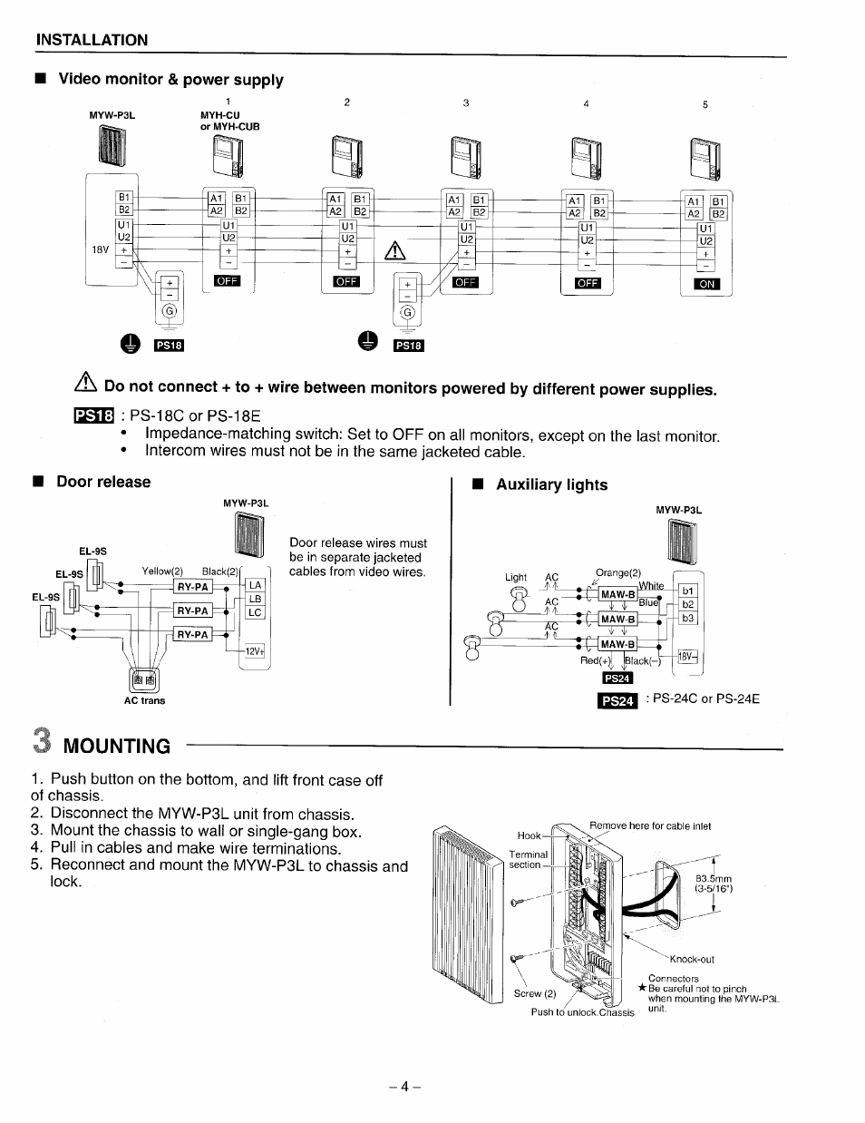 Installation, Video monitor & power supply, Door release | Mounting | Aiphone LEF MYW-P3L User Manual | Page 4 / 8