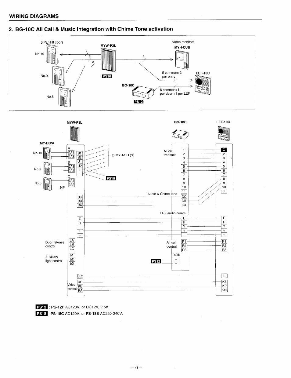 Wiring diagrams | Aiphone LEF MYW-P3L User Manual | Page 6 / 8