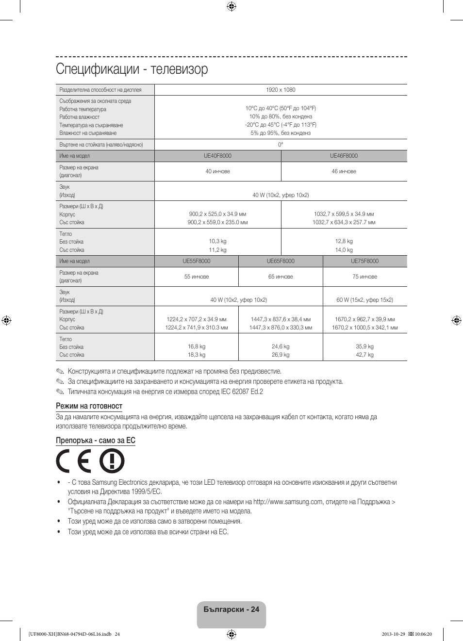 Спецификации - телевизор, Режим на готовност, Препоръка - само за ес | Samsung UE75F8000ST User Manual | Page 120 / 385