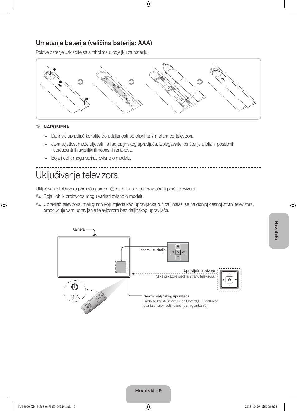 Uključivanje televizora, Umetanje baterija (veličina baterija: aaa) | Samsung UE75F8000ST User Manual | Page 129 / 385