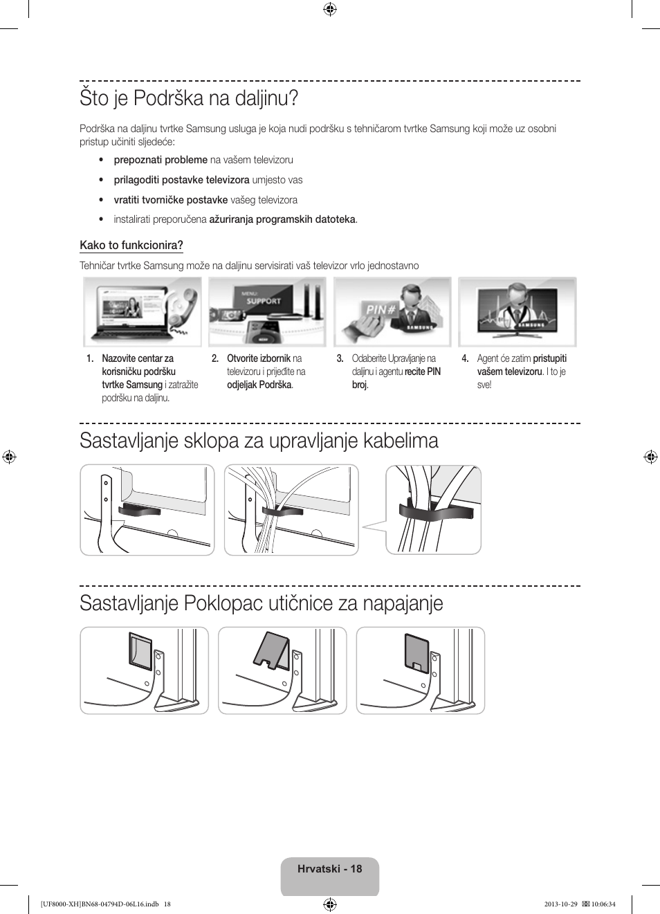 Što je podrška na daljinu, Sastavljanje sklopa za upravljanje kabelima, Sastavljanje poklopac utičnice za napajanje | Samsung UE75F8000ST User Manual | Page 138 / 385