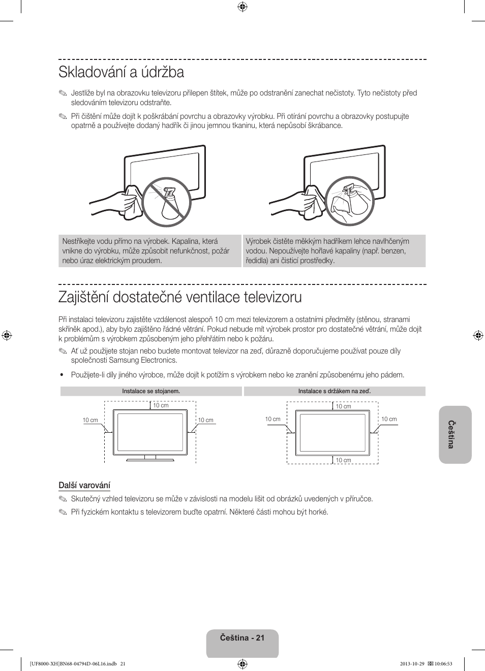 Skladování a údržba, Zajištění dostatečné ventilace televizoru | Samsung UE75F8000ST User Manual | Page 165 / 385