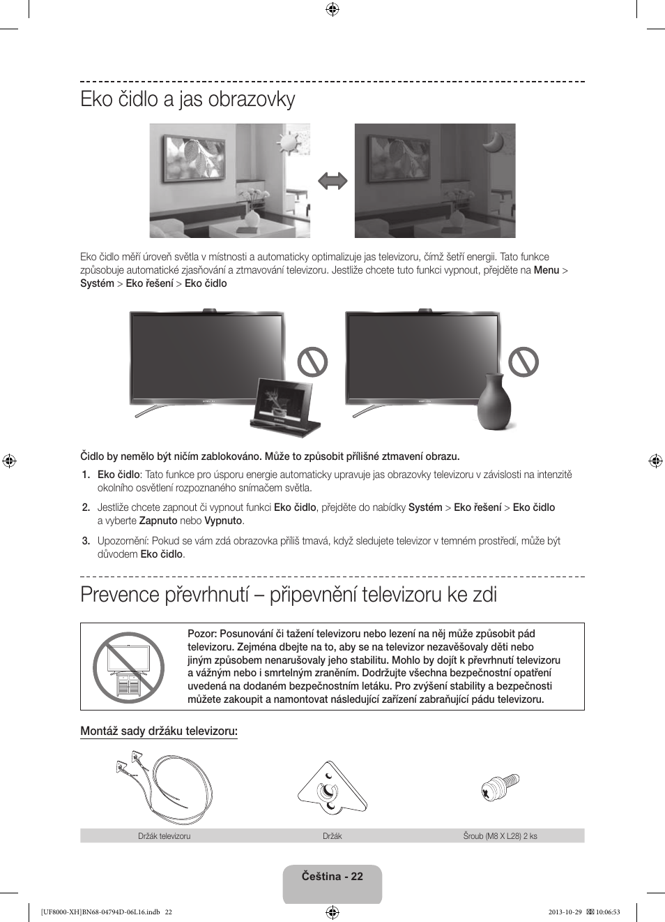 Eko čidlo a jas obrazovky, Prevence převrhnutí – připevnění televizoru ke zdi | Samsung UE75F8000ST User Manual | Page 166 / 385