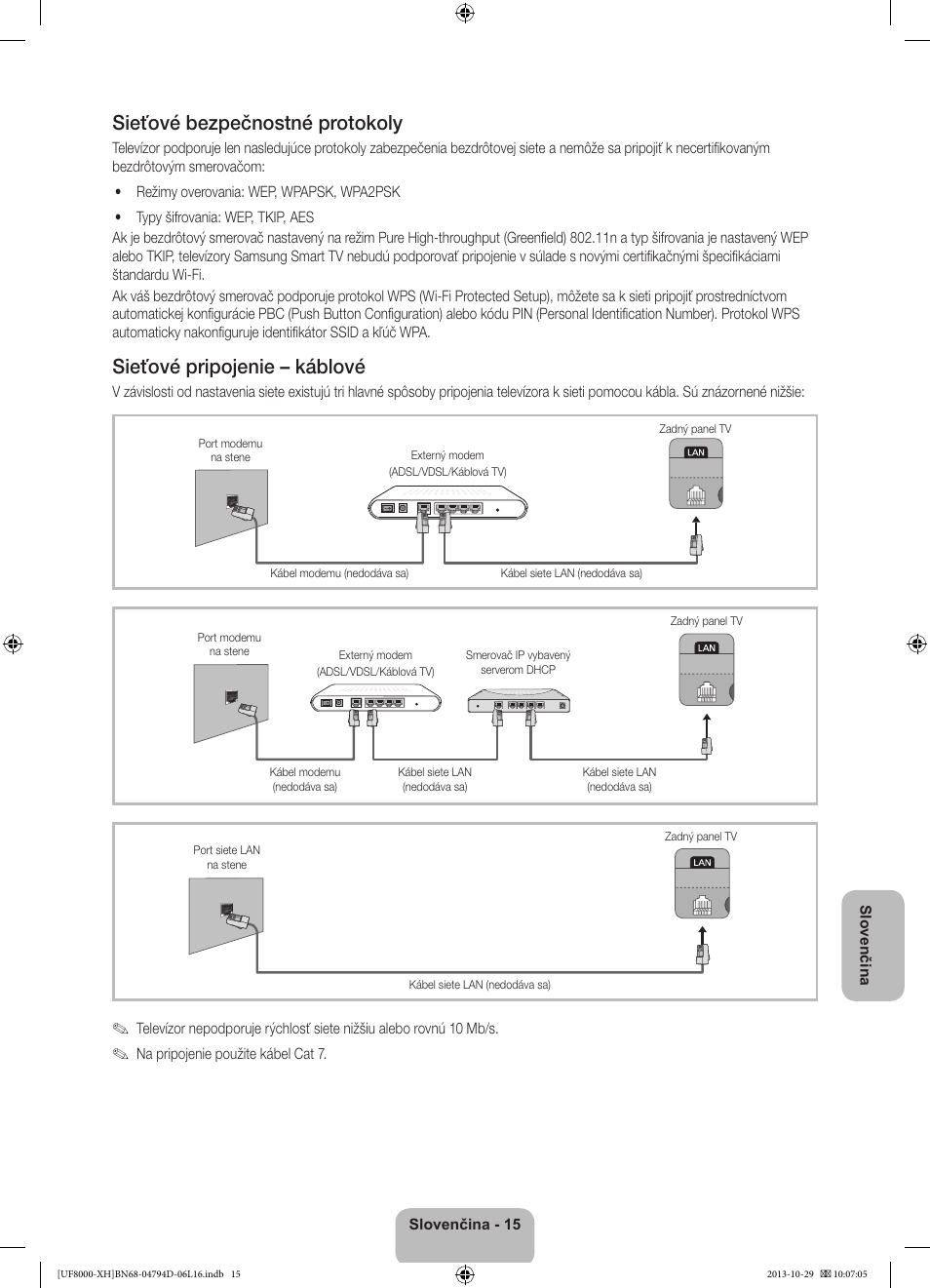 Sieťové bezpečnostné protokoly, Sieťové pripojenie – káblové | Samsung UE75F8000ST User Manual | Page 183 / 385