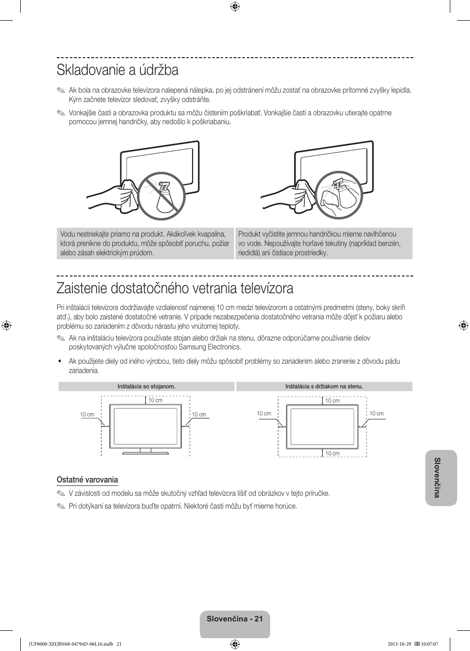 Skladovanie a údržba, Zaistenie dostatočného vetrania televízora | Samsung UE75F8000ST User Manual | Page 189 / 385