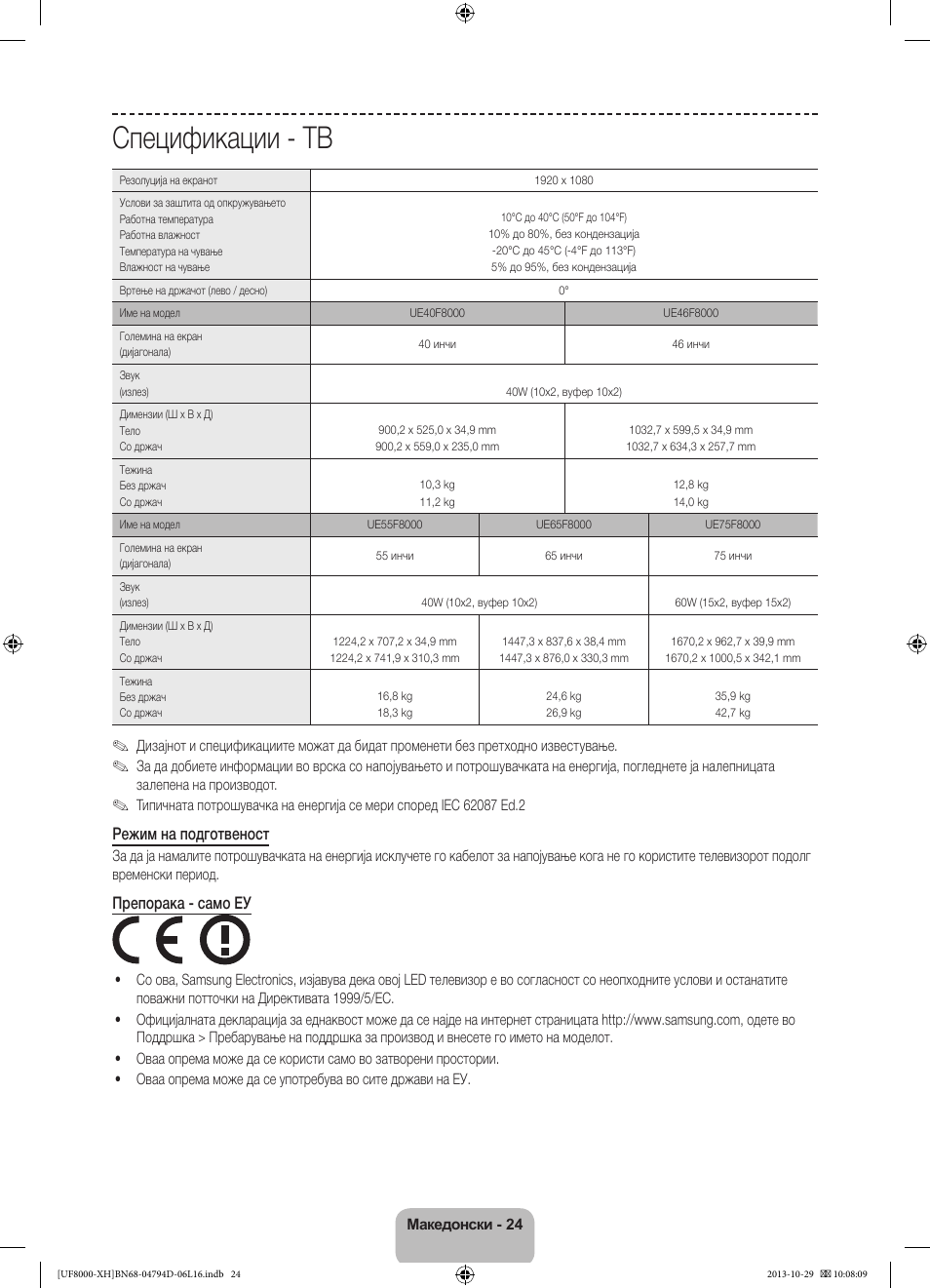 Спецификации - тв, Режим на подготвеност, Препорака - само еу | Samsung UE75F8000ST User Manual | Page 288 / 385