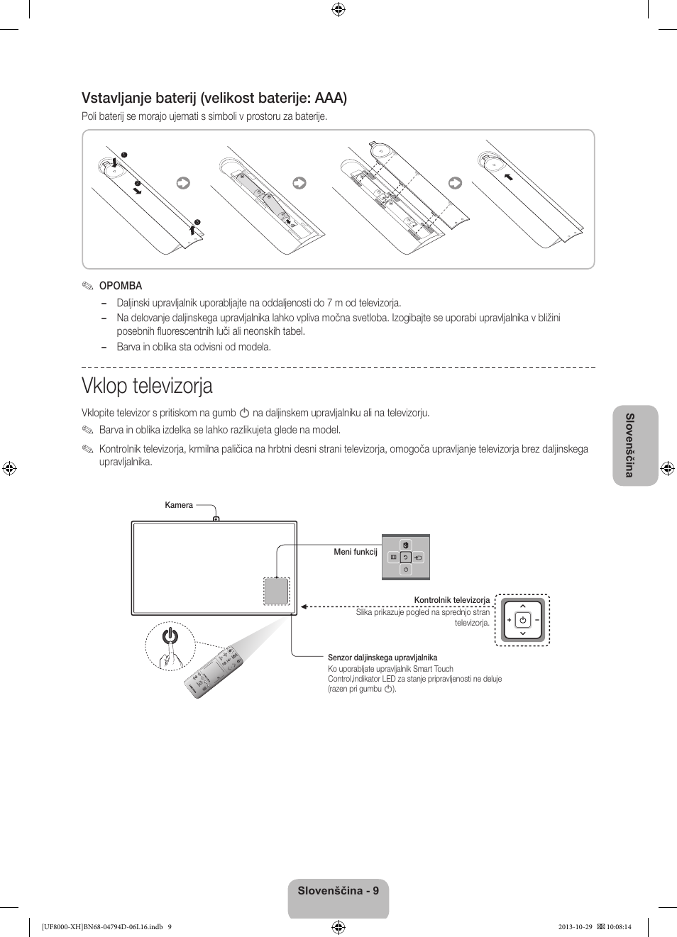 Vklop televizorja, Vstavljanje baterij (velikost baterije: aaa) | Samsung UE75F8000ST User Manual | Page 297 / 385