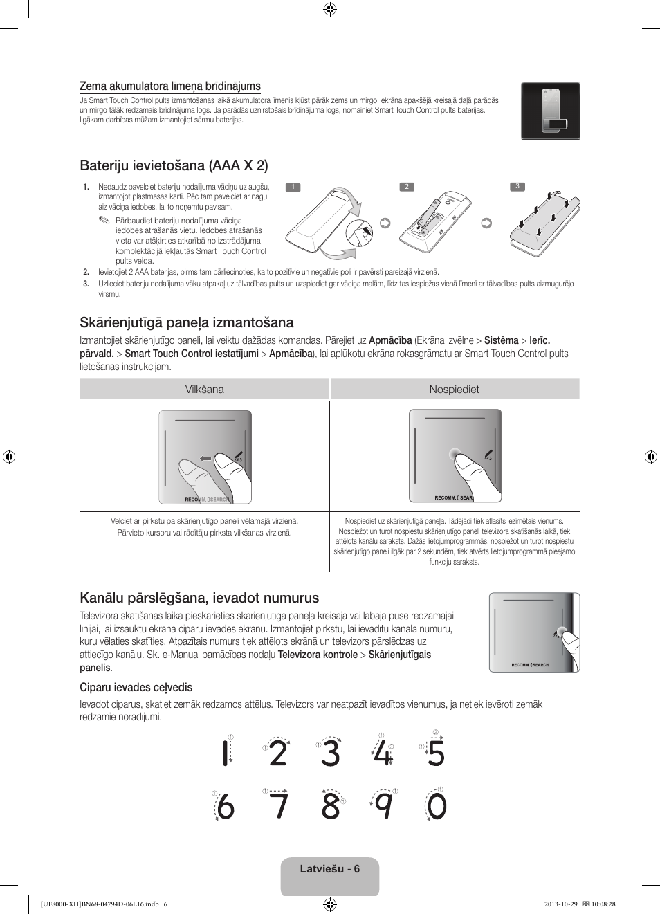 Bateriju ievietošana (aaa x 2), Skārienjutīgā paneļa izmantošana, Kanālu pārslēgšana, ievadot numurus | Samsung UE75F8000ST User Manual | Page 318 / 385