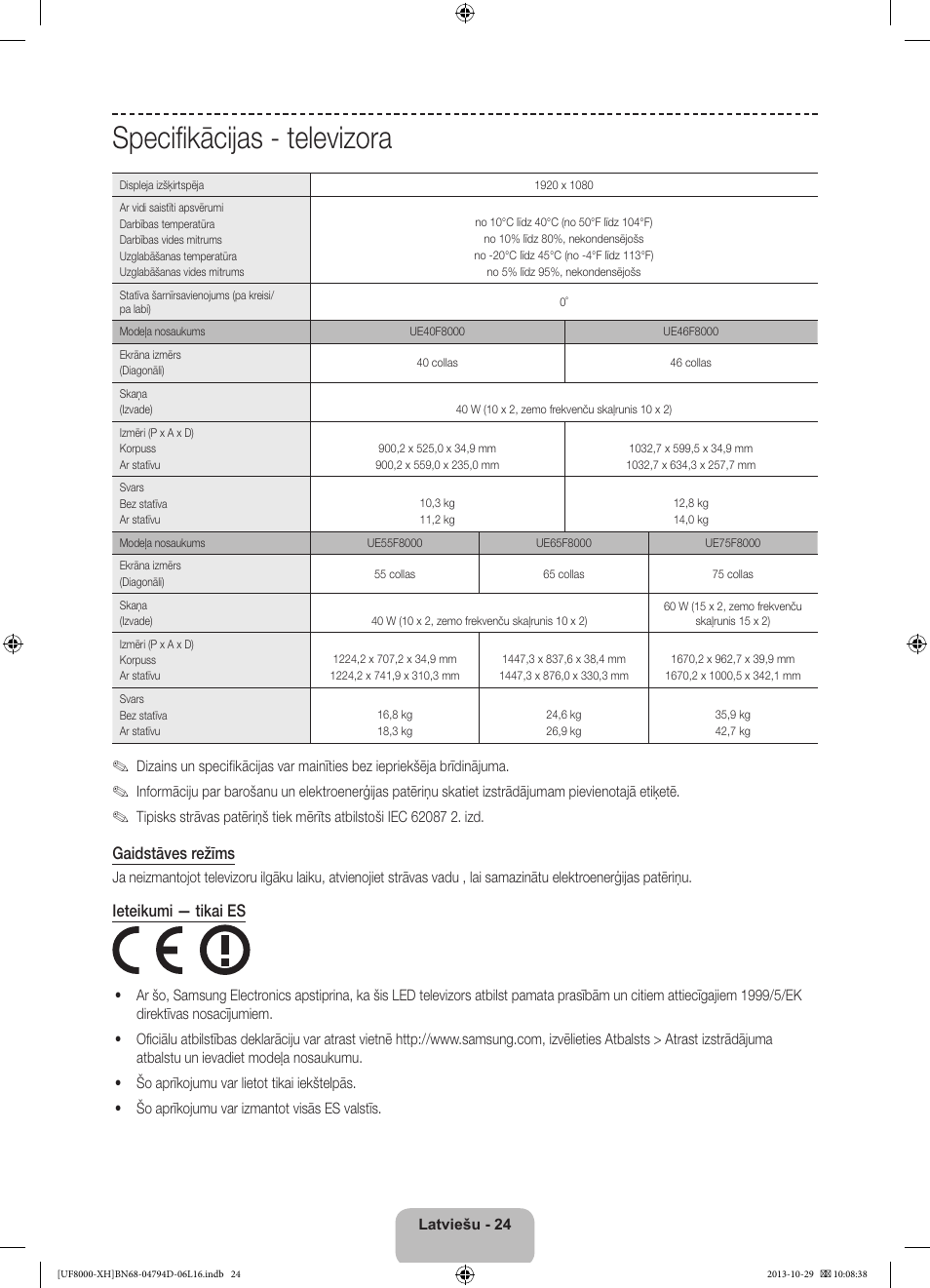 Specifikācijas - televizora, Gaidstāves režīms, Ieteikumi — tikai es | Samsung UE75F8000ST User Manual | Page 336 / 385