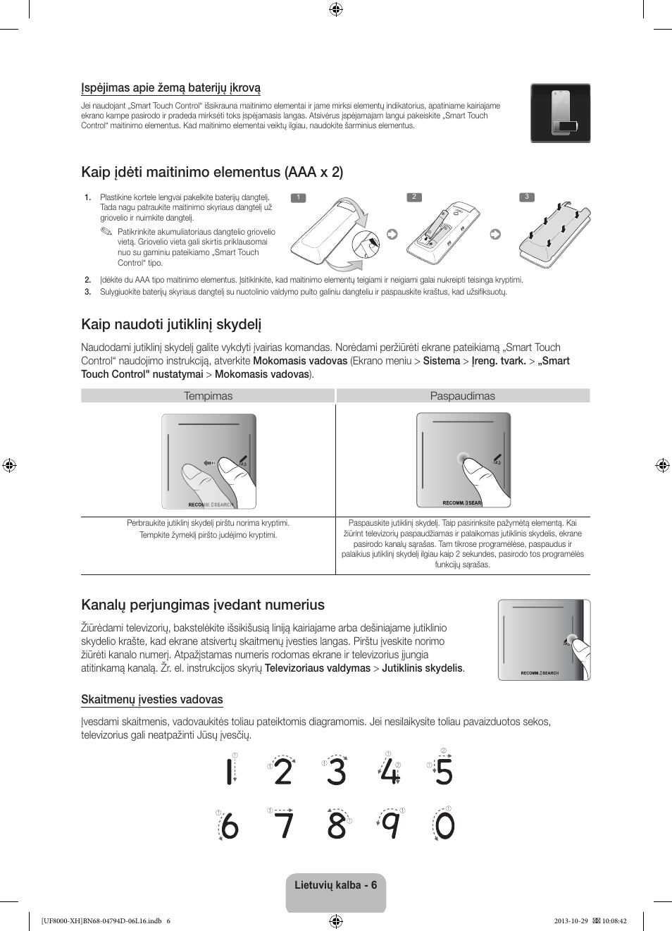 Kaip įdėti maitinimo elementus (aaa x 2), Kaip naudoti jutiklinį skydelį, Kanalų perjungimas įvedant numerius | Samsung UE75F8000ST User Manual | Page 342 / 385