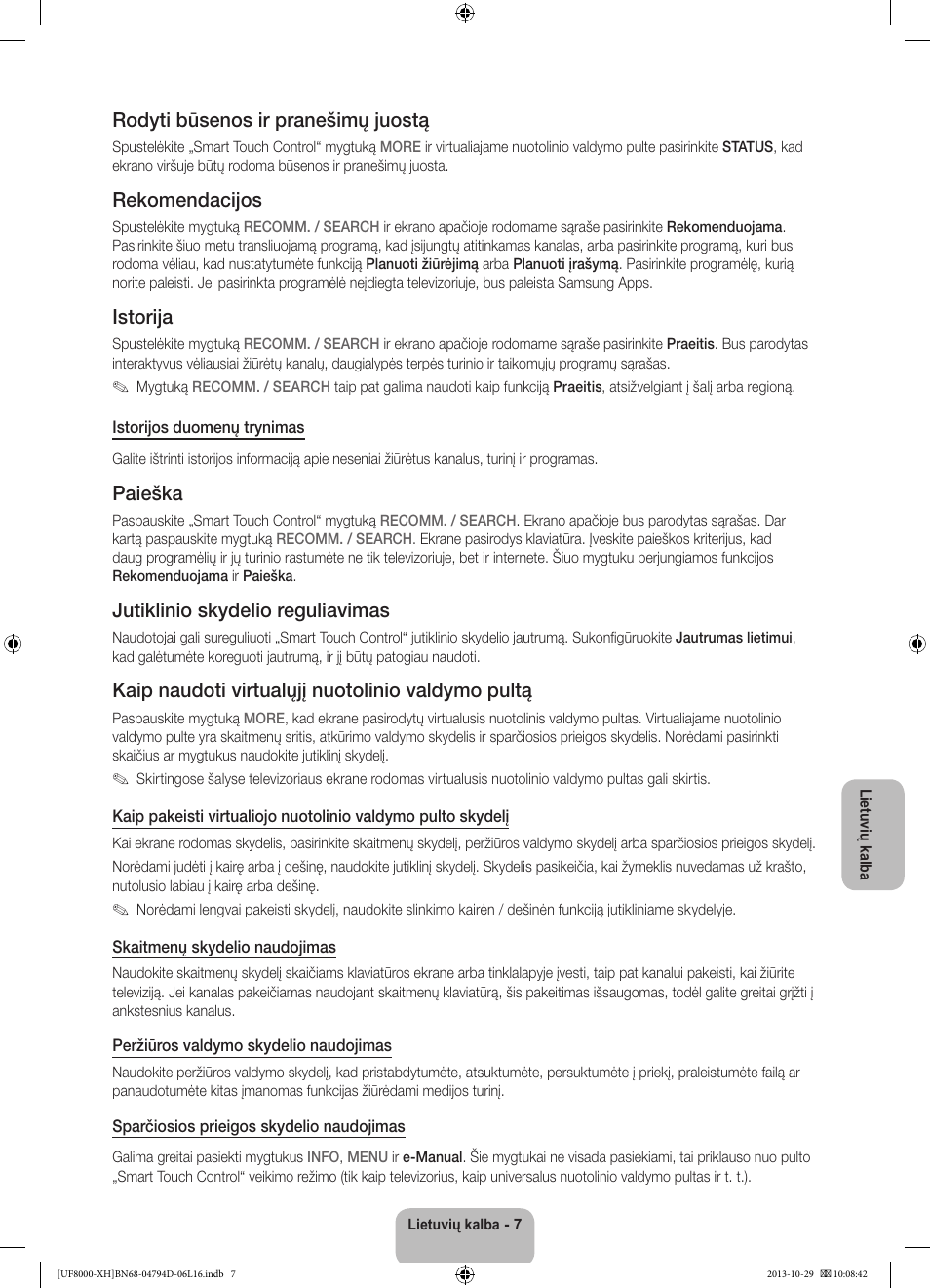 Rodyti būsenos ir pranešimų juostą, Rekomendacijos, Istorija | Paieška, Jutiklinio skydelio reguliavimas, Kaip naudoti virtualųjį nuotolinio valdymo pultą | Samsung UE75F8000ST User Manual | Page 343 / 385