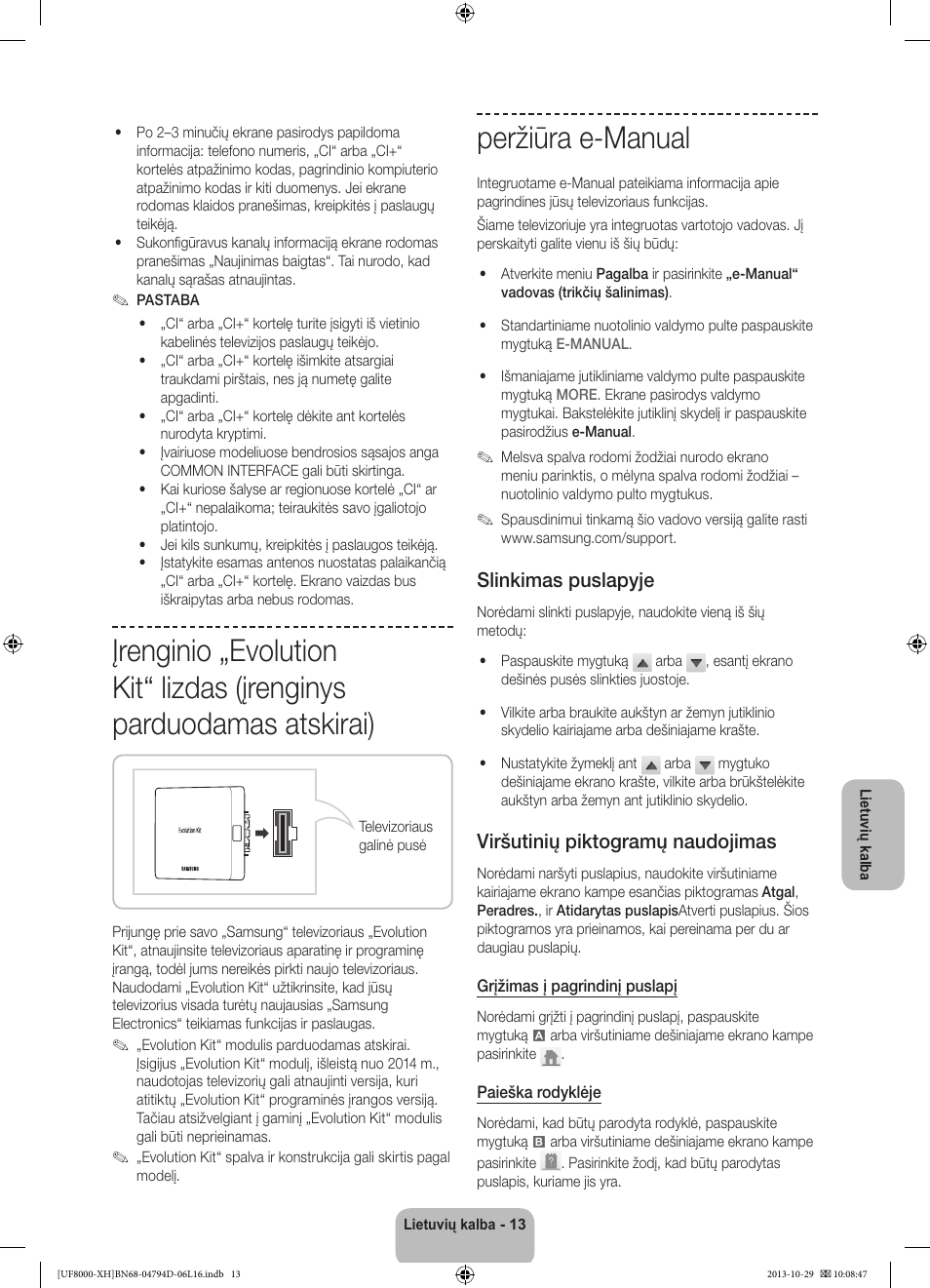 Peržiūra e-manual, Slinkimas puslapyje, Viršutinių piktogramų naudojimas | Samsung UE75F8000ST User Manual | Page 349 / 385